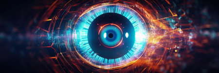 abstract panorama of a stylized human eye made from glowing digital nodes, against a dark background, symbolizing ophthalmologyの素材