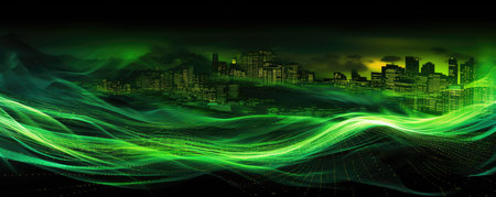 Wide, panoramic representation of a digital data stream flowing in a monochromatic, radiant, neon olive hueの素材