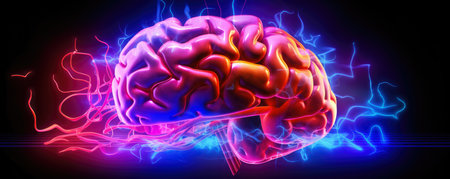 Abstract portrayal of human brain in shining neon light, showing left and right hemisphereの素材