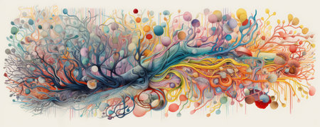Panoramic view of an abstract representation of a human brain made of intricate linesの素材