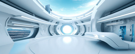 Minimalist panorama featuring clean lines and futuristic elements symbolizing technological advancementの素材