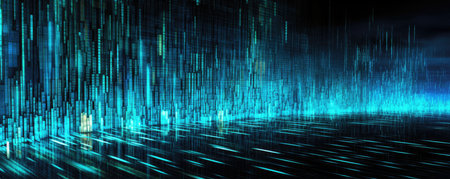 Wide panorama of a digital data stream flowing in a monochromatic, radiant, neon turquoise toneの素材
