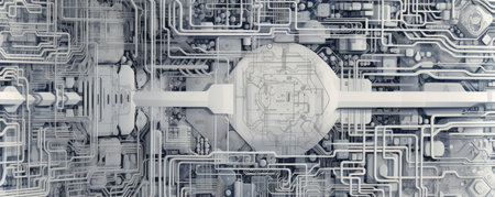 Panoramic view of white abstract circuitry patterns resembling a labyrinth, representing the complexity of technologyの素材
