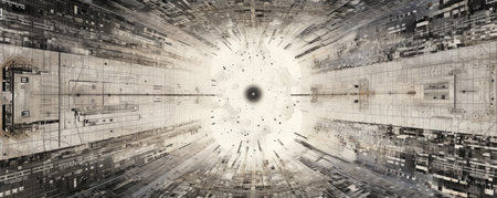 Panoramic view of white circuitry patterns converging into a focal point, representing the convergence of technologyの素材