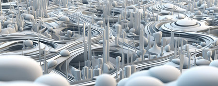 Panoramic view of white circuitry patterns flowing like rivers, illustrating the continuous innovation of technologyの素材