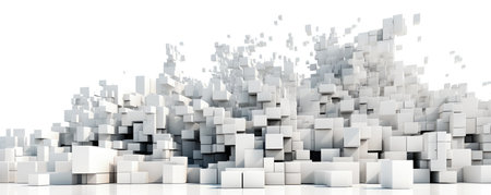 A minimalist panorama featuring white abstract geometric shapes, symbolizing the building blocks of technological innovationの素材