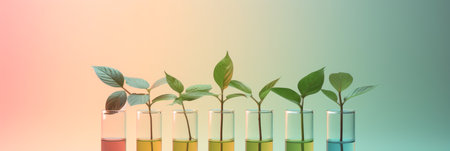 minimalist panorama of a stylized test tube containing a plant, against a pastel gradient background, symbolizing botanical medicineの素材