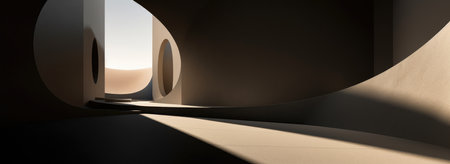 An abstract panorama showcasing the interplay of light and shadow on minimalist, futuristic architectural formsの素材