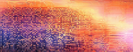 Abstract panoramic visualization of a binary code stream in striking, neon peach huesの素材