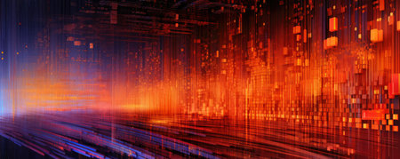 Wide panorama of a digital data stream flowing in a vibrant, neon vermillion toneの素材