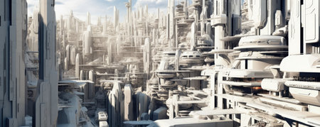 An abstract display of white futuristic cityscapes in a panoramic view, showcasing the integration of technology and urban aestheticsの素材