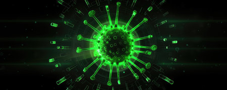 Wide aspect ratio of a stylized virus particle in neon green and black color schemeの素材