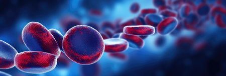 Microscopic view of red and white blood cells flowing in a vein, symbolizing hematology and health, on a deep blue backgroundの素材