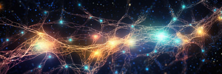 abstract rendering of a human brain, glowing against a dark background, connected to a network of digital nodes, illustrating neurologyの素材