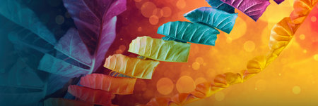 simplified panorama depicting a stylized DNhelix made from leaves, against a vibrant gradient background, symbolizing bioengineeringの素材