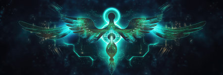 abstract panoramic wallpaper of a stylized caduceus symbol made from glowing digital nodes, against a dark background, symbolizing digital healthの素材