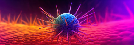 simplified panoramic wallpaper of a stylized bacteriophage virus against a vibrant gradient background, representing virologyの素材