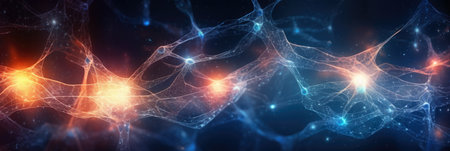 abstract panorama depicting a network of interconnected neurons, glowing against a dark background, symbolizing neuroscienceの素材
