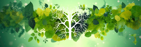 Simplified panorama of a human lung silhouette filled with verdant greenery, symbolizing lung health on a vibrant backgroundの素材