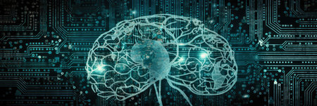 minimalist panorama of a human brain silhouette filled with a circuit board pattern, against a soothing background, symbolizing neurotechnologyの素材