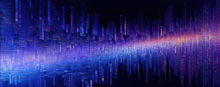 Wide panorama of a digital data stream flowing in a vibrant, neon indigo toneの素材
