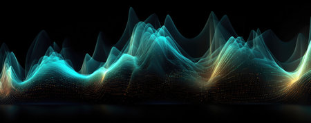 Panoramic view of a stylized digital wave, depicted in radiant, neon turquoise tones against a pitch black backgroundの素材