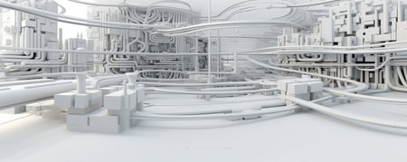 A minimalist panorama featuring white circuit paths intersecting in a symphony of technological connectivityの素材