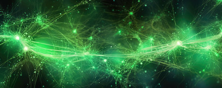 Panoramic image of neurons rendered in an abstract, digital-art style with bright, neon green tonesの素材