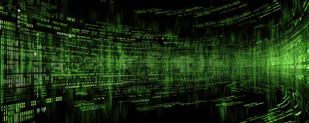 Panoramic view of a digital matrix falling code in a monochromatic green toneの素材
