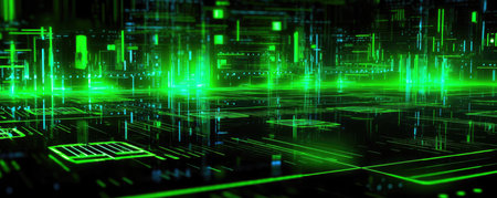 Panoramic image of a minimalistic technology pattern in electric, neon green huesの素材