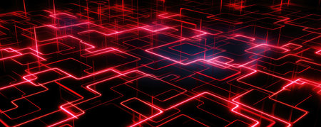 Panoramic image of a minimalist technology pattern, rendered in bold, neon red tones against a pitch black backdropの素材