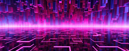 Wide panorama of a minimalistic technology pattern in electric, neon plum huesの素材