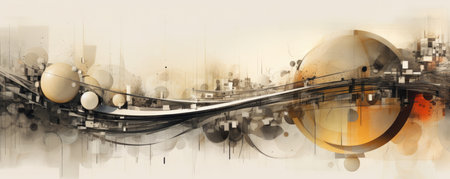 An abstract panorama depicting the fusion of technology and nature, with minimalist elements and organic texturesの素材