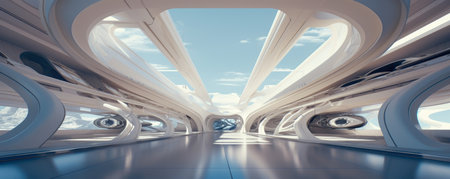 Clean and elegant lines converging into a futuristic technological centerの素材