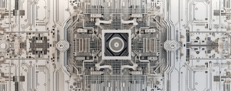 Minimalist panoramic view of a white circuit board with intricate patterns, symbolizing the inner workings of technologyの素材