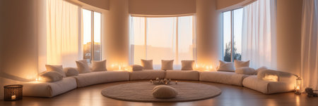 Panorama of a serene meditation room in a wellness center with comfortable cushions, warm lighting, and minimalist decorの素材