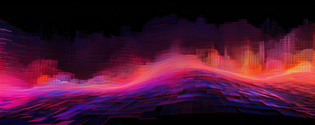 Wide, panoramic representation of a digital data stream flowing in a vibrant, neon cherry hueの素材