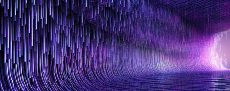 Wide, panoramic representation of a flowing binary code stream in a vibrant, neon lavender hueの素材