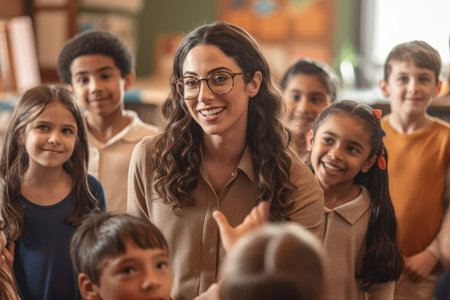 Empathetic Teacher Guiding and Encouraging Students in a Diverse Classroom, Nurturing a Love for Learningの素材