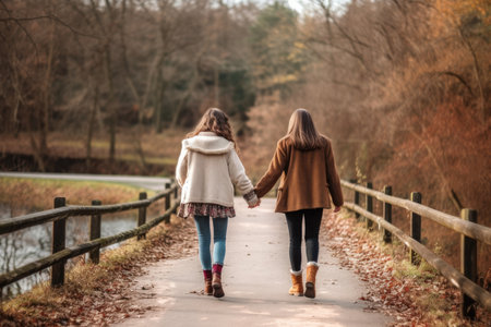 Supportive Friends Holding Hands, Walking Along a Beautiful Path in the Countryside, Encouraging Each Otherの素材
