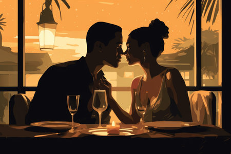 Interracial Couple Enjoying a Romantic Candlelit Dinner, Celebrating Love and Cultural Fusionの素材
