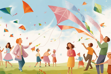 An inclusive image of people from different age groups building and flying kites in a park on a breezy summer dayの素材