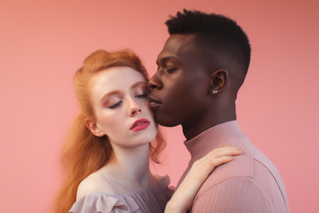 An Unbreakable Bond: Defying Prejudice, Celebrating Love and Unity with a Vibrant Portrait of an Interracial Couple on a Pink Paletteの素材
