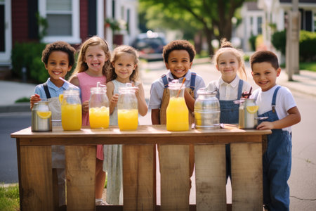 Children from diverse backgrounds come together to run a refreshing lemonade stand on a sunny neighborhood street, fostering teamwork, friendship, and entrepreneurial skills.の素材