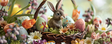 A Colorful Array of Easter Joy: A Wicker Basket Overflowing with Vibrant Eggs, Chocolate Bunnies, and Spring Flowersの素材
