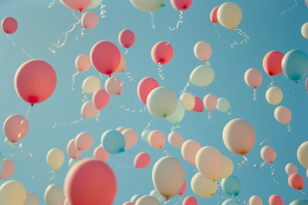 A Whimsical Array of Pastel-Colored Easter Balloons Floating Gently Against a Clear Spring Sky, Bringing Joy and Celebration to the Seasonの素材