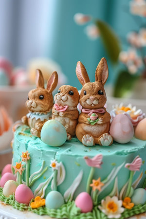 A Delightful Easter Celebration Captured in One Image: A Beautifully Decorated Easter Cake Adorned with Adorable Bunny Figurines and Colorful Eggsの素材