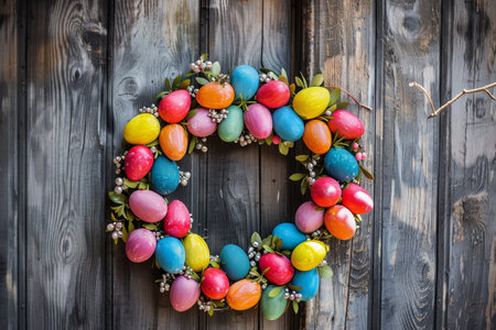 A Vibrant Easter Egg Wreath Adorning a Rustic Wooden Door, Welcoming Spring with a Burst of Color and Joyの素材