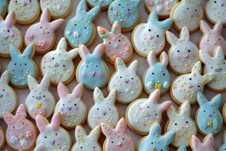 A Delightful Array of Bunny-Shaped Cookies Decorated with Pastel Icings and Sprinkles, Perfect for Easter Celebrationsの素材