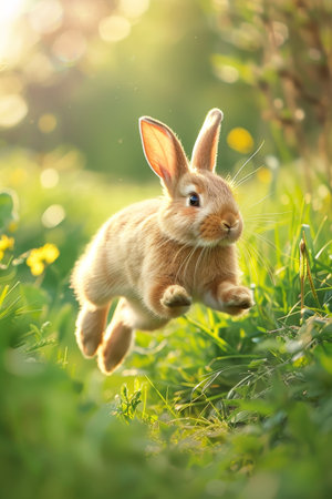 A Joyful Easter Bunny Hopping Gracefully Through a Lush Green Meadow Under the Warm Spring Sunの素材